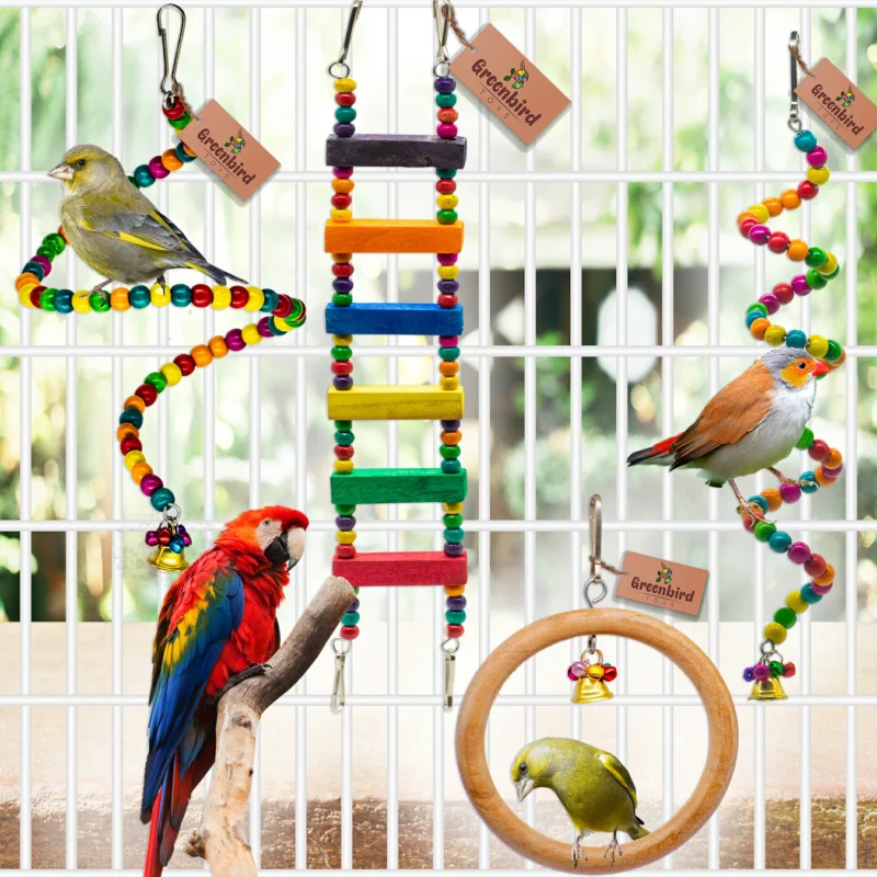 GREENBIRDS 8 Pcs Combo of Bird Toys Wooden Colorfull Bird Ladder, Swing, Bird Perches for Budgies