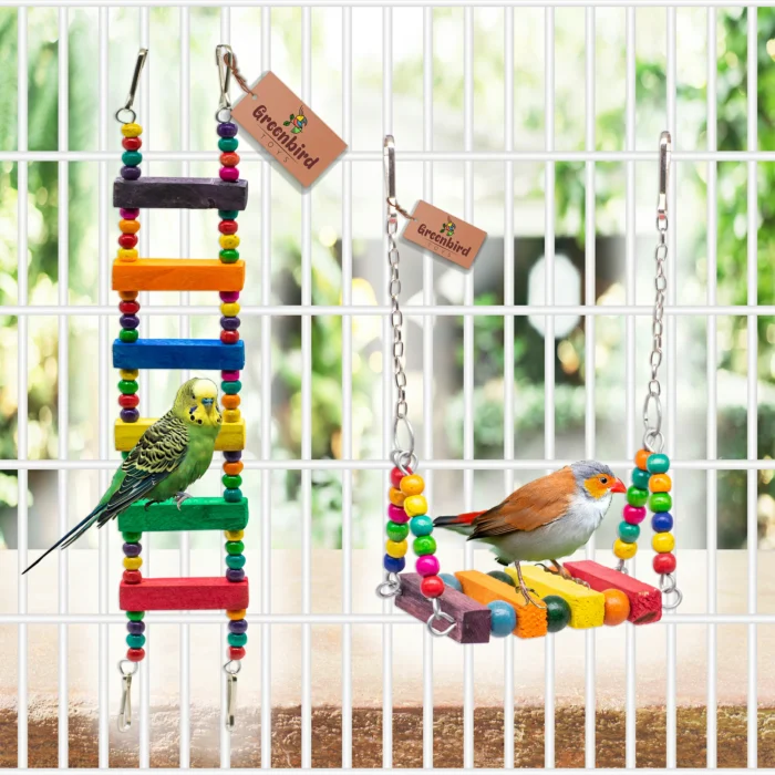 GREENBIRDS Combo of 2 Bird Toys Wooden Swing & Ladder Perch for Bird & Parrot