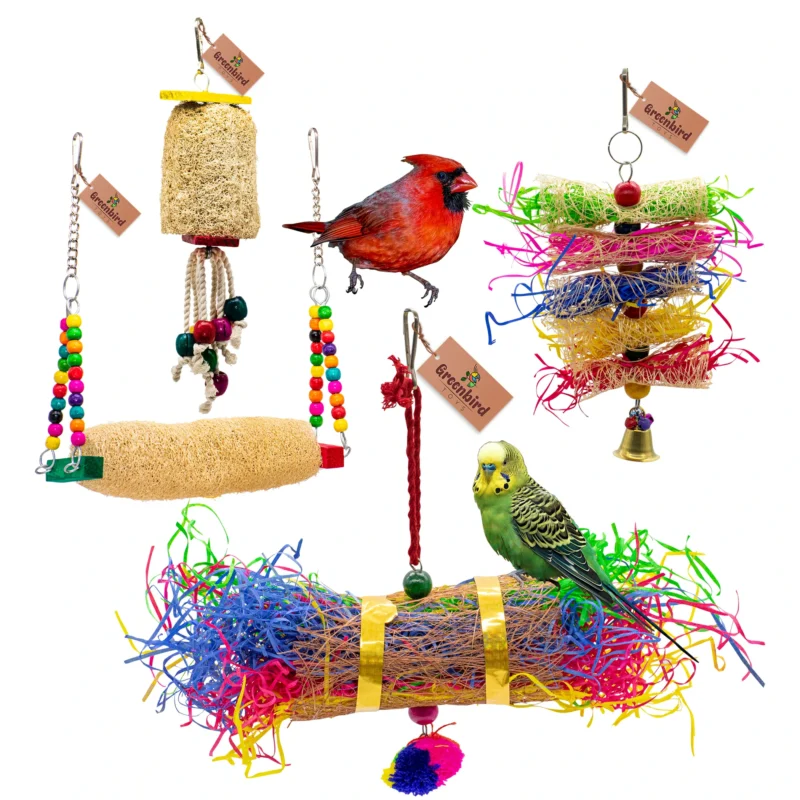 GREENBIRDS TOYS Pack Of 4 Pcs Include Paper Shredded Foraging Chew Toy, Mesh Swing, Cage Hangings Accessories Birds Toys Natural Wood Parrot Toys Cage Accessories Training Aid, Perch For Bird & Parrot