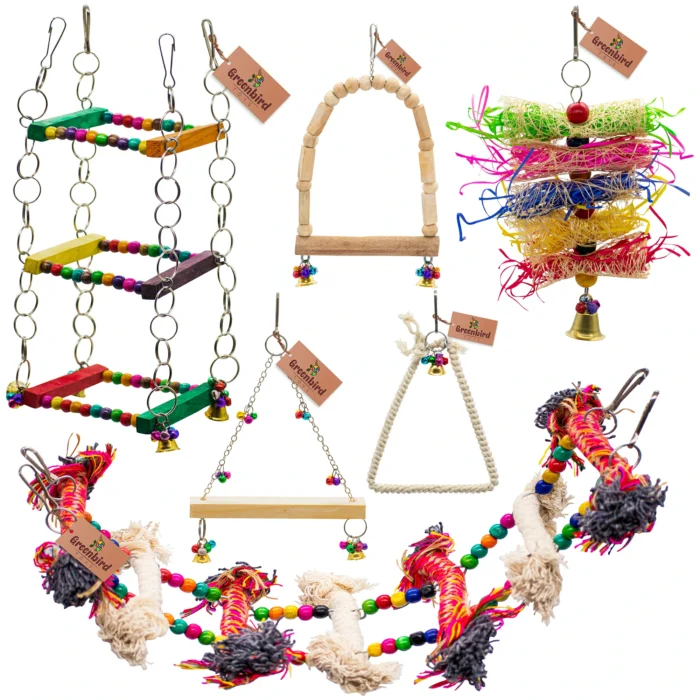 GREENBIRDS TOYS Pack Of 6 Pcs Include Paper Shredded Foraging Chew Toy, Rope Ladder, Cage Hanging Accessories Birds Toys