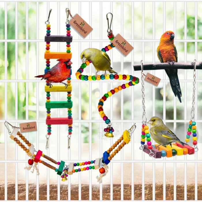 GREENBIRDS Toys Combo Pack of 8 Bird Toys Swing Ladder Perches Playful & Interactive Chewable Cage Toy Hanging Training Aid for Love Birds, Budgies Small & Medium