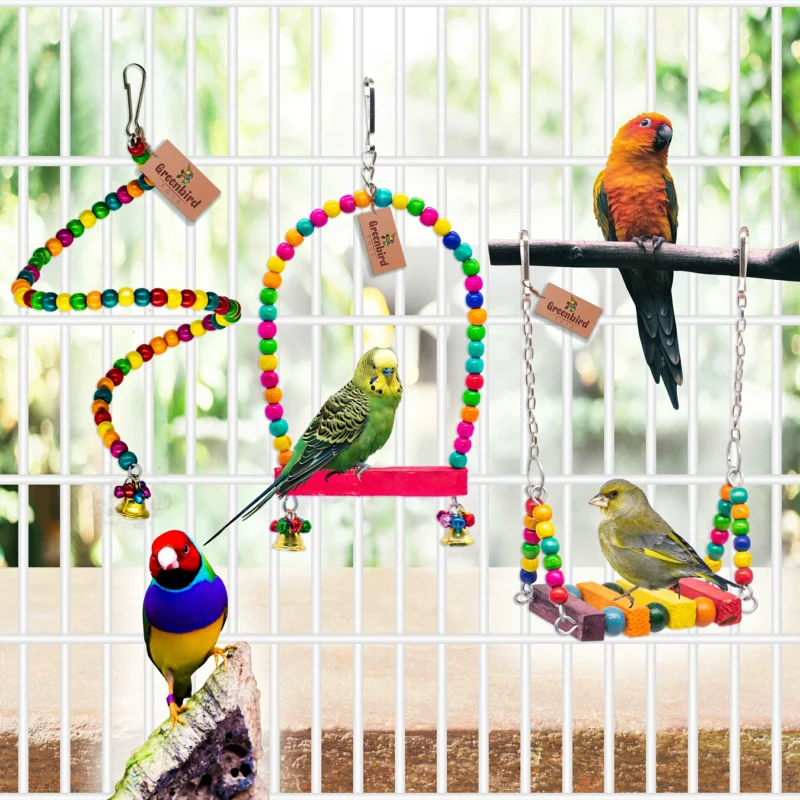 GREENBIRDS Toys Combo of 3 Bird Toys Spiral Hanging, Colorful Wooden Swing & Perch Parrot Toys