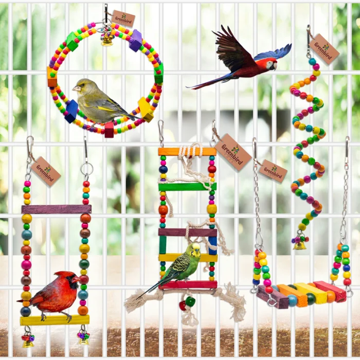 GREENBIRDS Toys Combo of 5 Pcs Includes 2 Interactive & Playful Ladders, 1 Bird Swing, 1 Ferris Wheel & 1 Spiral Hanging Toy Cage Accessories Parrot Cage Accessories Training Aid for Bird & Parrot