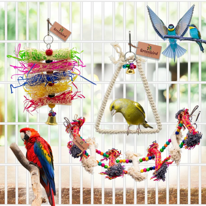 GREENBIRDS TOYS Pack Of 6 Pcs Include Paper Shredded Foraging Chew Toy, Rope Ladder, Cage Hanging Accessories Birds Toys