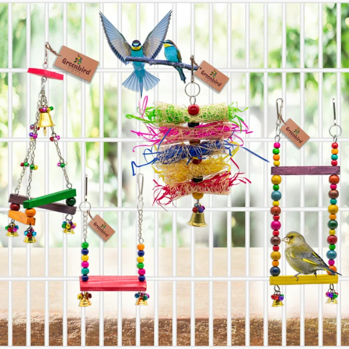 GREENBIRDS Toys Combo Pack of 8 Bird Toys Swing Ladder Perches Playful & Interactive Chewable Cage Toy Hanging Training Aid for Love Birds, Budgies Small & Medium