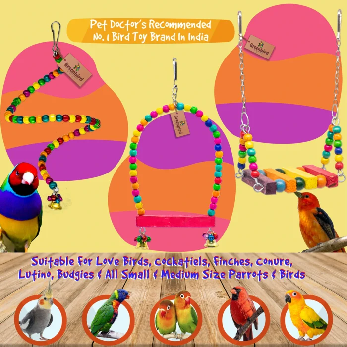 GREENBIRDS Toys Combo of 3 Bird Toys Spiral Hanging, Colorful Wooden Swing & Perch Parrot Toys