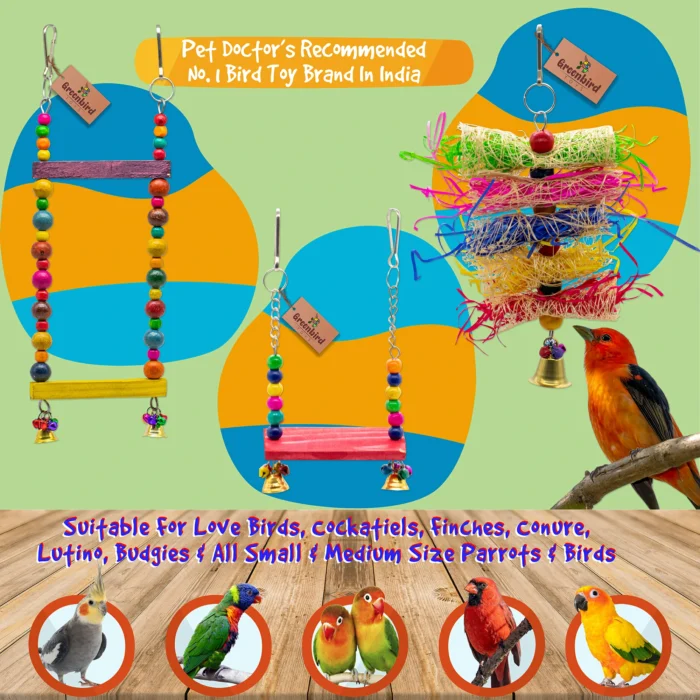 GREENBIRDS Toys Combo Pack of 8 Bird Toys Swing Ladder Perches Playful & Interactive Chewable Cage Toy Hanging Training Aid for Love Birds, Budgies Small & Medium