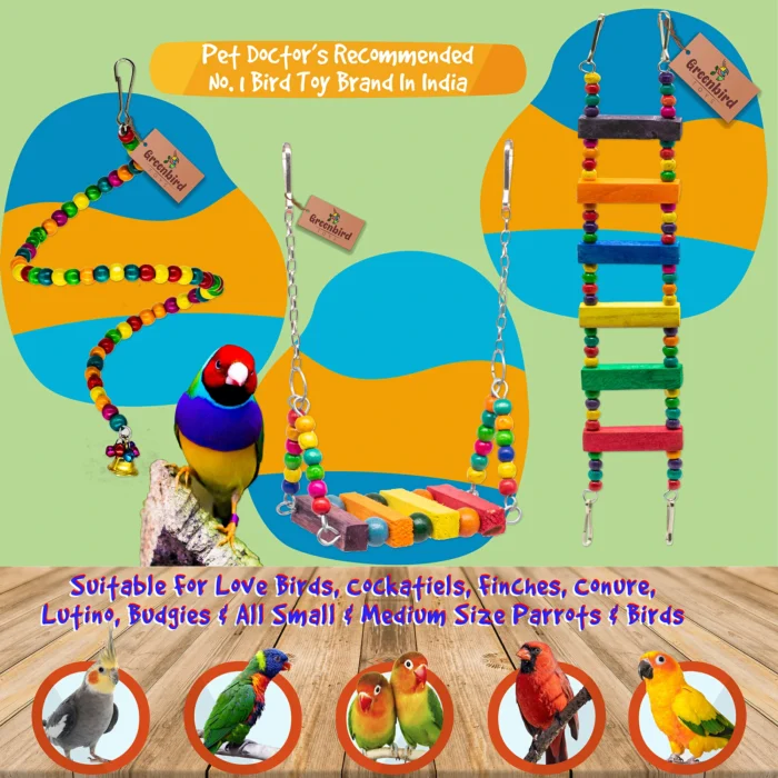 GREENBIRDS Toys Combo Pack of 8 Bird Toys Swing Ladder Perches Playful & Interactive Chewable Cage Toy Hanging Training Aid for Love Birds, Budgies Small & Medium