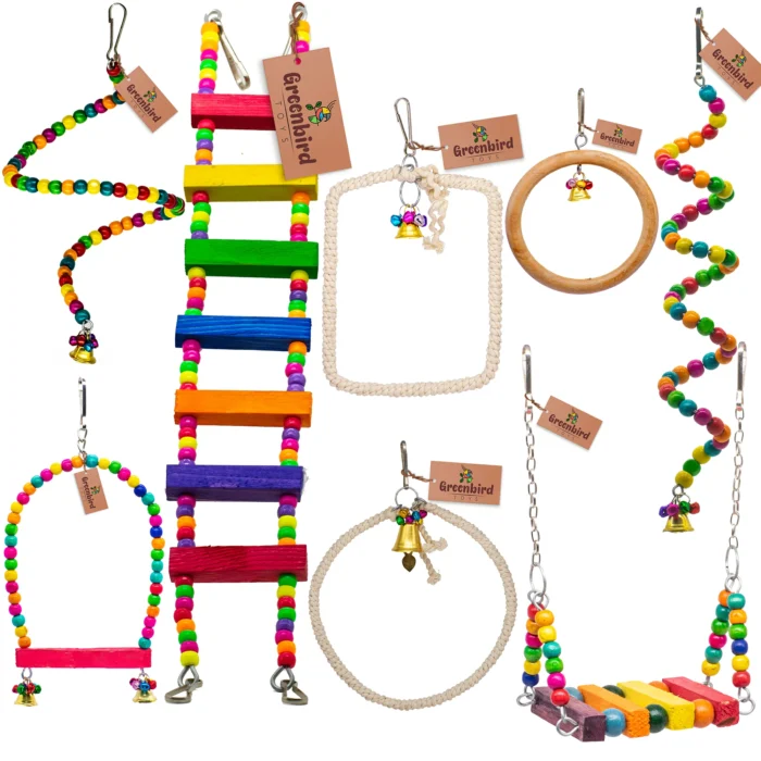 GREENBIRDS 8 Pcs Combo of Bird Toys Wooden Colorfull Bird Ladder, Swing, Bird Perches for Budgies