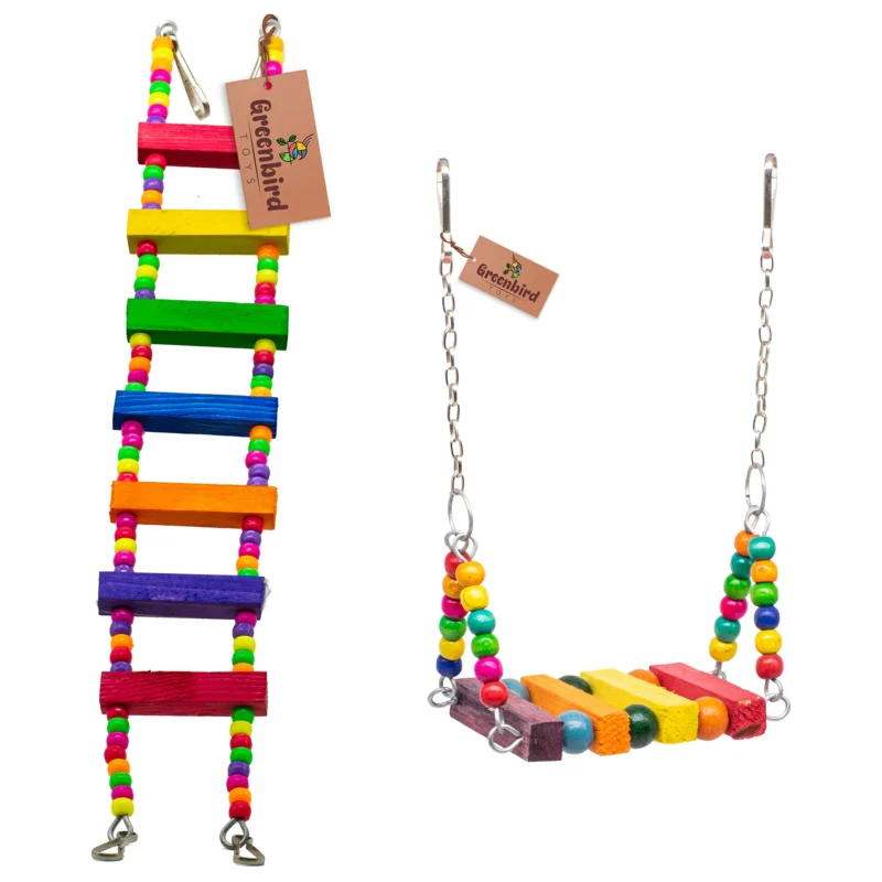 GREENBIRDS Combo of 2 Bird Toys Wooden Swing & Ladder Perch for Bird & Parrot