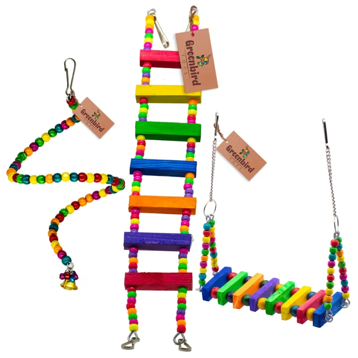 GREENBIRDS Combo of 3 Bird Toys Spiral Hanging, Wooden Swing & Ladder for Bird & Parrot Cages