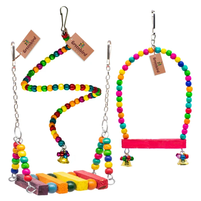 GREENBIRDS Toys Combo of 3 Bird Toys Spiral Hanging, Colorful Wooden Swing & Perch Parrot Toys