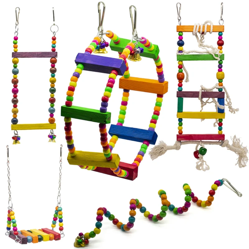 GREENBIRDS Toys Combo of 5 Pcs Includes 2 Interactive & Playful Ladders, 1 Bird Swing, 1 Ferris Wheel & 1 Spiral Hanging Toy Cage Accessories Parrot Cage Accessories Training Aid for Bird & Parrot